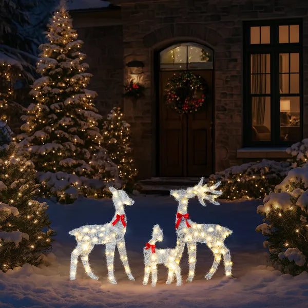 AEELLEEA 3-Piece Lighted Tinsel Christmas Reindeer Family Set, Pre-lit 110 Warm White LED Lights, Weatherproof Outdoor Yard Holiday Decor