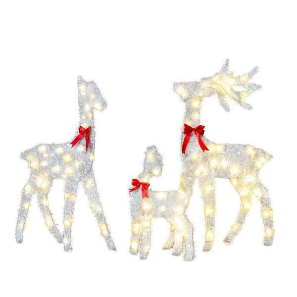 AEELLEEA 3-Piece Lighted Tinsel Christmas Reindeer Family Set, Pre-lit 110 Warm White LED Lights, Weatherproof Outdoor Yard Holiday Decor
