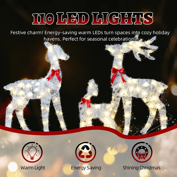 AEELLEEA 3-Piece Lighted Tinsel Christmas Reindeer Family Set, Pre-lit 110 Warm White LED Lights, Weatherproof Outdoor Yard Holiday Decor