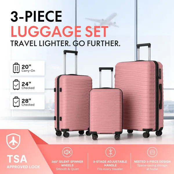 3-Piece PP Hardshell Luggage Set, Peach Pink 20/24/28 Inch Suitcase with TSA Lock & Silent Spinner Wheels