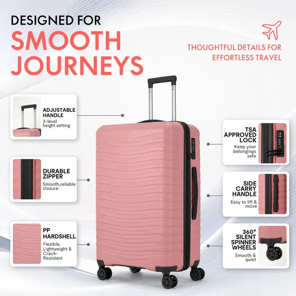 3-Piece PP Hardshell Luggage Set, Peach Pink 20/24/28 Inch Suitcase with TSA Lock & Silent Spinner Wheels