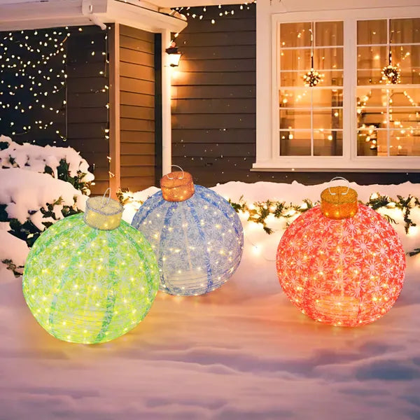 Aeelleea 3 Pack Pre-Lit Pop Up Christmas Balls, 25 Inch Diameter, Warm White LED Lights, Collapsible Lighted Ornaments for Holiday Yard Decor