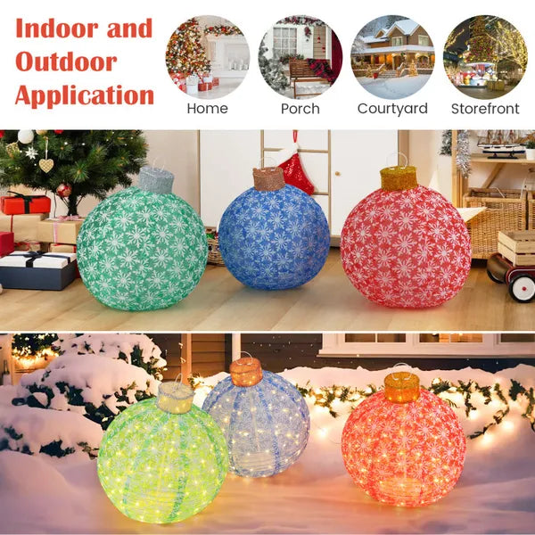 Aeelleea 3 Pack Pre-Lit Pop Up Christmas Balls, 25 Inch Diameter, Warm White LED Lights, Collapsible Lighted Ornaments for Holiday Yard Decor