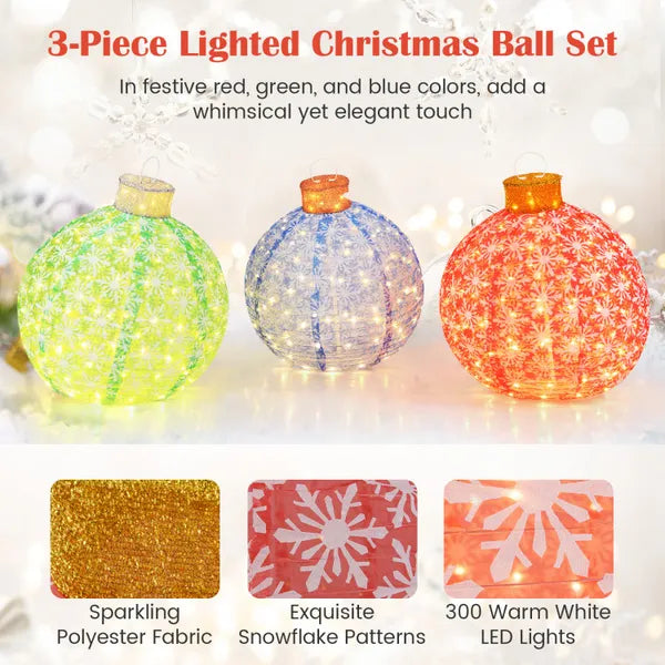Aeelleea 3 Pack Pre-Lit Pop Up Christmas Balls, 25 Inch Diameter, Warm White LED Lights, Collapsible Lighted Ornaments for Holiday Yard Decor