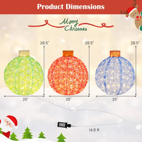 Aeelleea 3 Pack Pre-Lit Pop Up Christmas Balls, 25 Inch Diameter, Warm White LED Lights, Collapsible Lighted Ornaments for Holiday Yard Decor