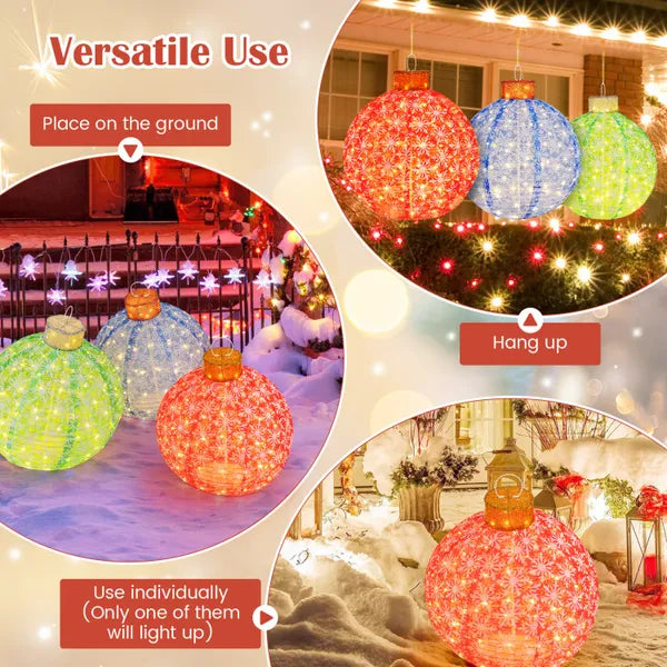 Aeelleea 3 Pack Pre-Lit Pop Up Christmas Balls, 25 Inch Diameter, Warm White LED Lights, Collapsible Lighted Ornaments for Holiday Yard Decor