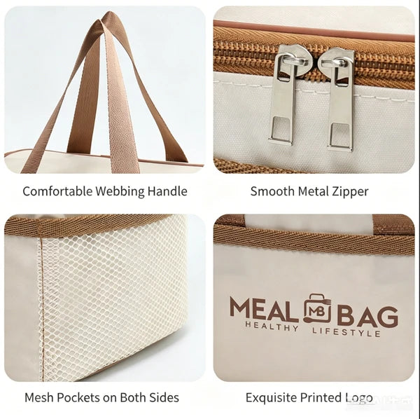 AEELLEEA Insulated Lunch Bag, Waterproof Oxford Cloth Thermal Meal Tote with Aluminum Foil Liner, Dual Metal Zippers & Side Mesh Pocket for Office, Picnic, Student