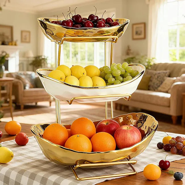 3 Tier Ceramic Fruit Bowl with Gold Metal Stand, Countertop Fruit Basket for Fruits, Veggies, Snacks, Nuts, Dessert & Cake