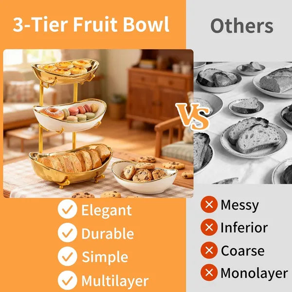 3 Tier Ceramic Fruit Bowl with Gold Metal Stand, Countertop Fruit Basket for Fruits, Veggies, Snacks, Nuts, Dessert & Cake