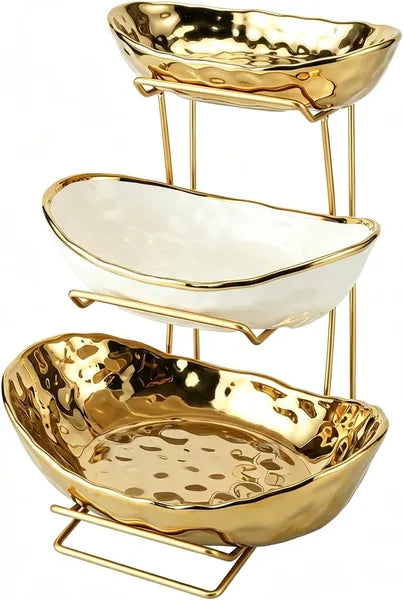 3 Tier Ceramic Fruit Bowl with Gold Metal Stand, Countertop Fruit Basket for Fruits, Veggies, Snacks, Nuts, Dessert & Cake