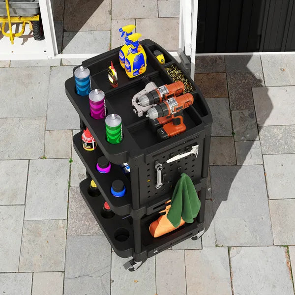 Aeelleea 3-Tier Rolling Utility Cart, 22.2"×18.7"×35", Black Mobile Tool Storage Trolley with Pegboard & Wheels, Holds 200 lbs