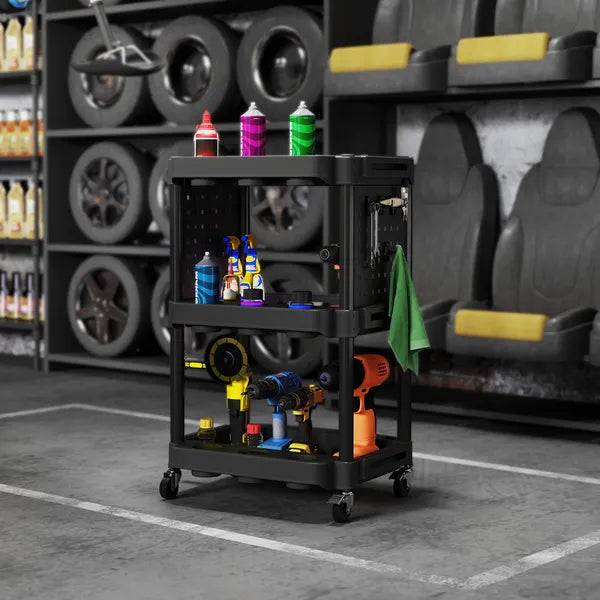 Aeelleea 3-Tier Rolling Utility Cart, 22.2"×18.7"×35", Black Mobile Tool Storage Trolley with Pegboard & Wheels, Holds 200 lbs