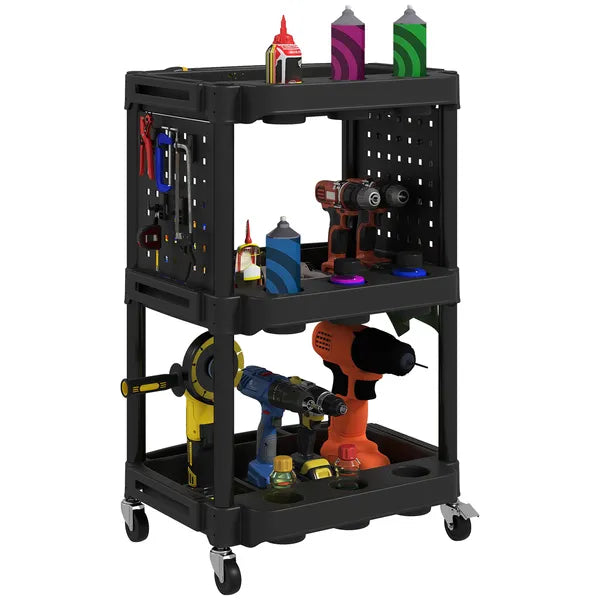 Aeelleea 3-Tier Rolling Utility Cart, 22.2"×18.7"×35", Black Mobile Tool Storage Trolley with Pegboard & Wheels, Holds 200 lbs