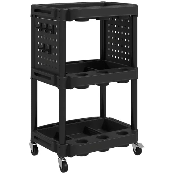 Aeelleea 3-Tier Rolling Utility Cart, 22.2"×18.7"×35", Black Mobile Tool Storage Trolley with Pegboard & Wheels, Holds 200 lbs