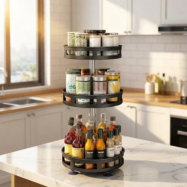 3 Tier 360° Rotating Spice Rack Carbon Steel Kitchen Countertop Seasoning Storage Organizer**