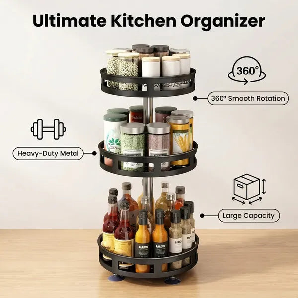 3 Tier 360° Rotating Spice Rack Carbon Steel Kitchen Countertop Seasoning Storage Organizer**