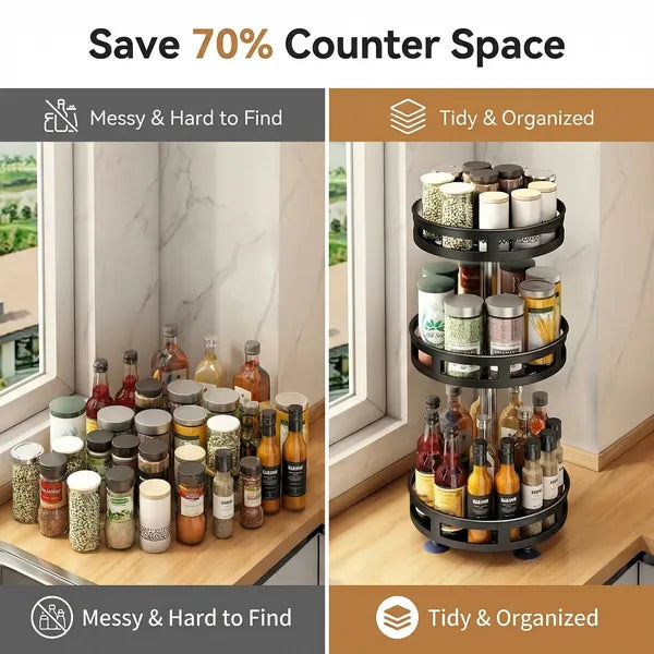3 Tier 360° Rotating Spice Rack Carbon Steel Kitchen Countertop Seasoning Storage Organizer**
