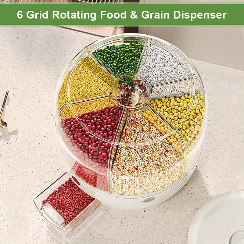 Rotating Rice Dispenser, 6-Grid Cereal Dispenser and Grain Storage Bin, One-Click Dispensing Food Storage Container, Airtight Moisture-Proof Organizer, Small