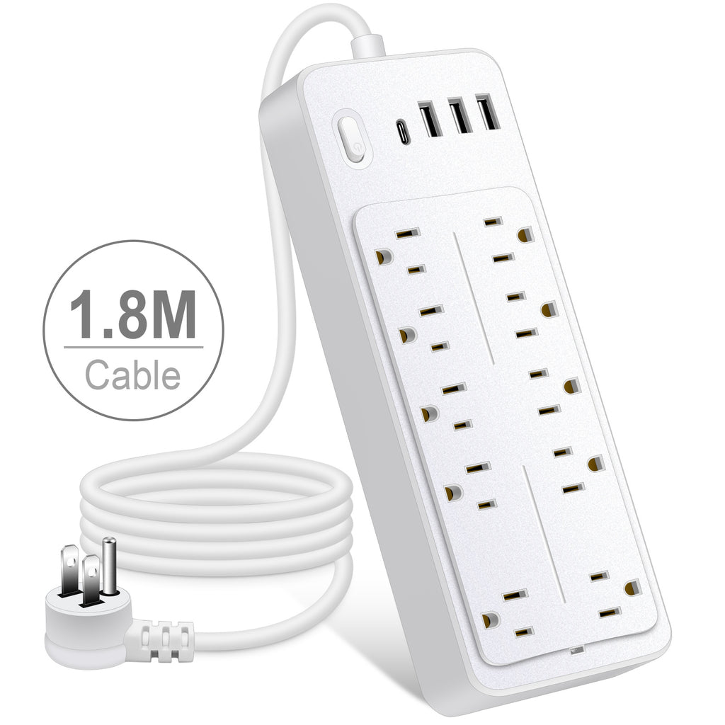 6 FT Surge Protector Power Strip, 10 Outlets 4 USB Ports(1 USB‑C), 14‑in‑1 Long Extension Cord, Flat Plug, 1700J, 1625W/13A, White