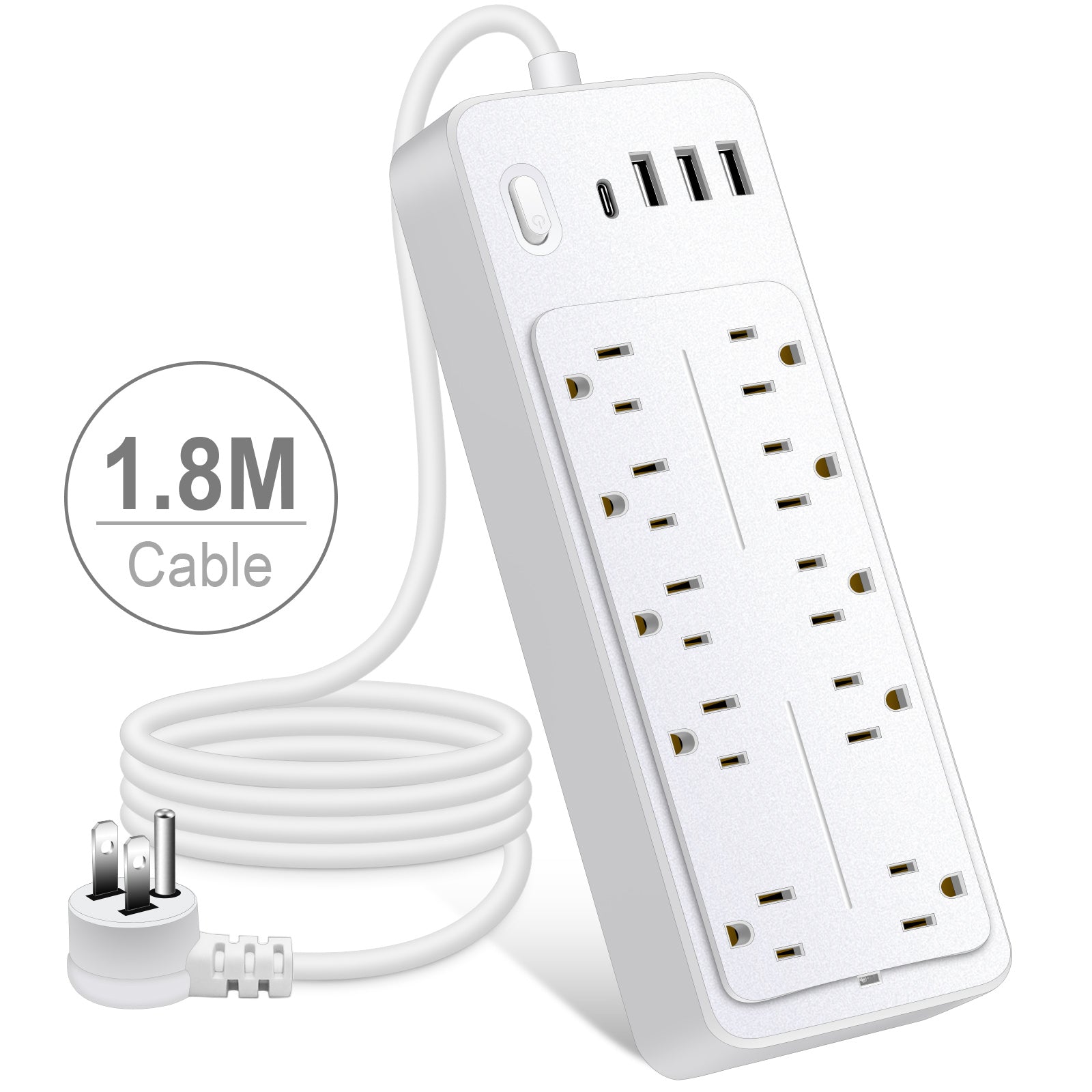 6 FT Surge Protector Power Strip, 10 Outlets 4 USB Ports(1 USB‑C), 14‑in‑1 Long Extension Cord, Flat Plug, 1700J, 1625W/13A, White