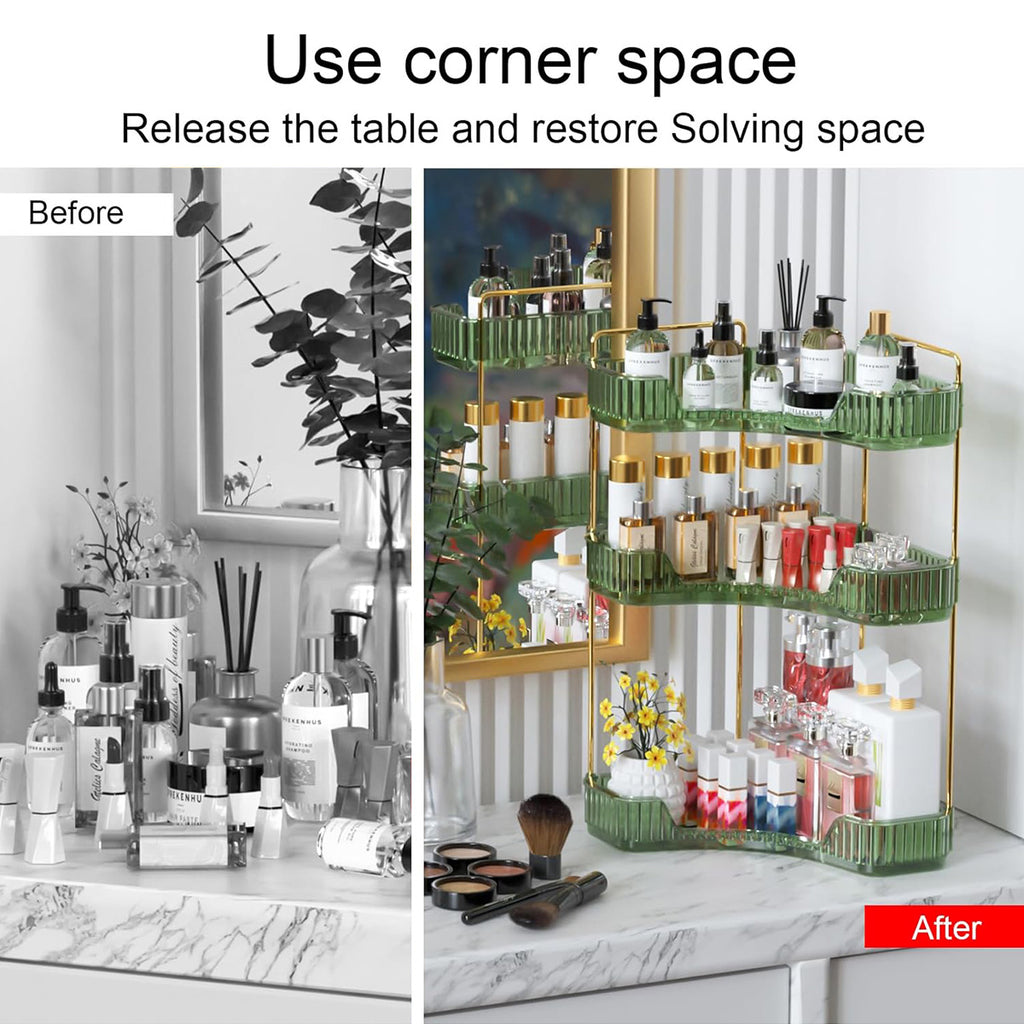 3 Tier Corner Bathroom Counter Organizer, Vanity Makeup & Perfume Storage Shelf, Countertop Skincare Display Stand Holder for Women, Green