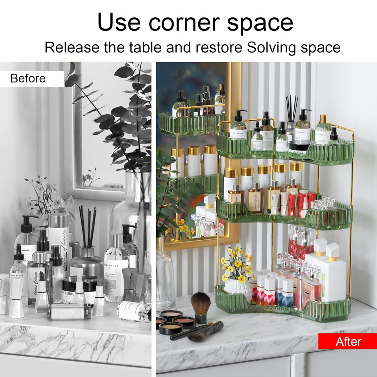 3 Tier Corner Bathroom Counter Organizer, Vanity Makeup & Perfume Storage Shelf, Countertop Skincare Display Stand Holder for Women, Green