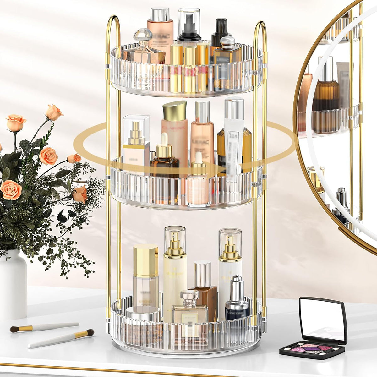 360 Rotating Makeup Organizer for Vanity, 3 Tier Adjustable Perfume Organizer for Dresser, Multi-Function Spinning Cosmetics Skincare Storage for Bedroom, Dresser, Countertop, Clear