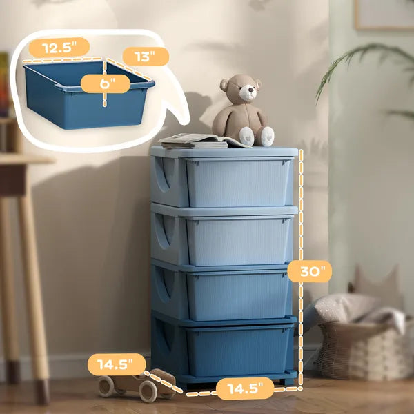 30 Inch 4-Tier Kids Storage Dresser with 4 Drawers, Blue Plastic Chest of Drawers, Toy & Clothes Organizer for Kids Bedroom