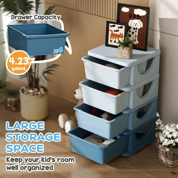 30 Inch 4-Tier Kids Storage Dresser with 4 Drawers, Blue Plastic Chest of Drawers, Toy & Clothes Organizer for Kids Bedroom