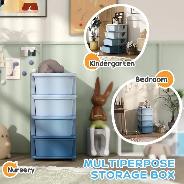 30 Inch 4-Tier Kids Storage Dresser with 4 Drawers, Blue Plastic Chest of Drawers, Toy & Clothes Organizer for Kids Bedroom