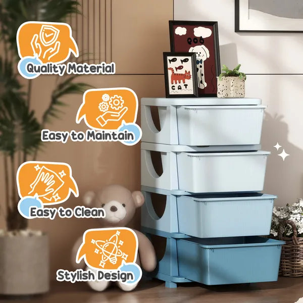 30 Inch 4-Tier Kids Storage Dresser with 4 Drawers, Blue Plastic Chest of Drawers, Toy & Clothes Organizer for Kids Bedroom