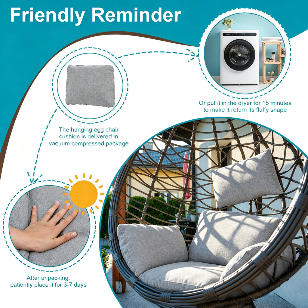 Hanging Egg Chair Cushion with Head Pillow, Thick Hollow Cotton Replacement Pad, Removable Washable Polyester Cover for Indoor Outdoor Wicker Swing Chair