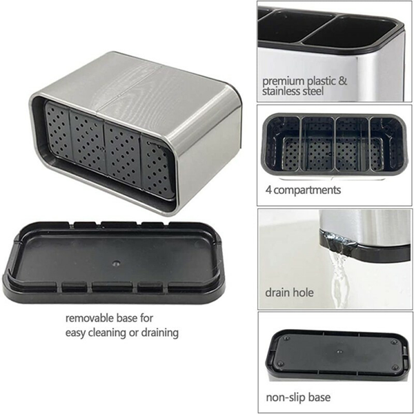 Stainless Steel Cutlery Holder, 4 Compartment Knife Fork Spoon Organizer with Drain Hole, Removable Non-Slip Kitchen Utensil Caddy for Countertop Drawer