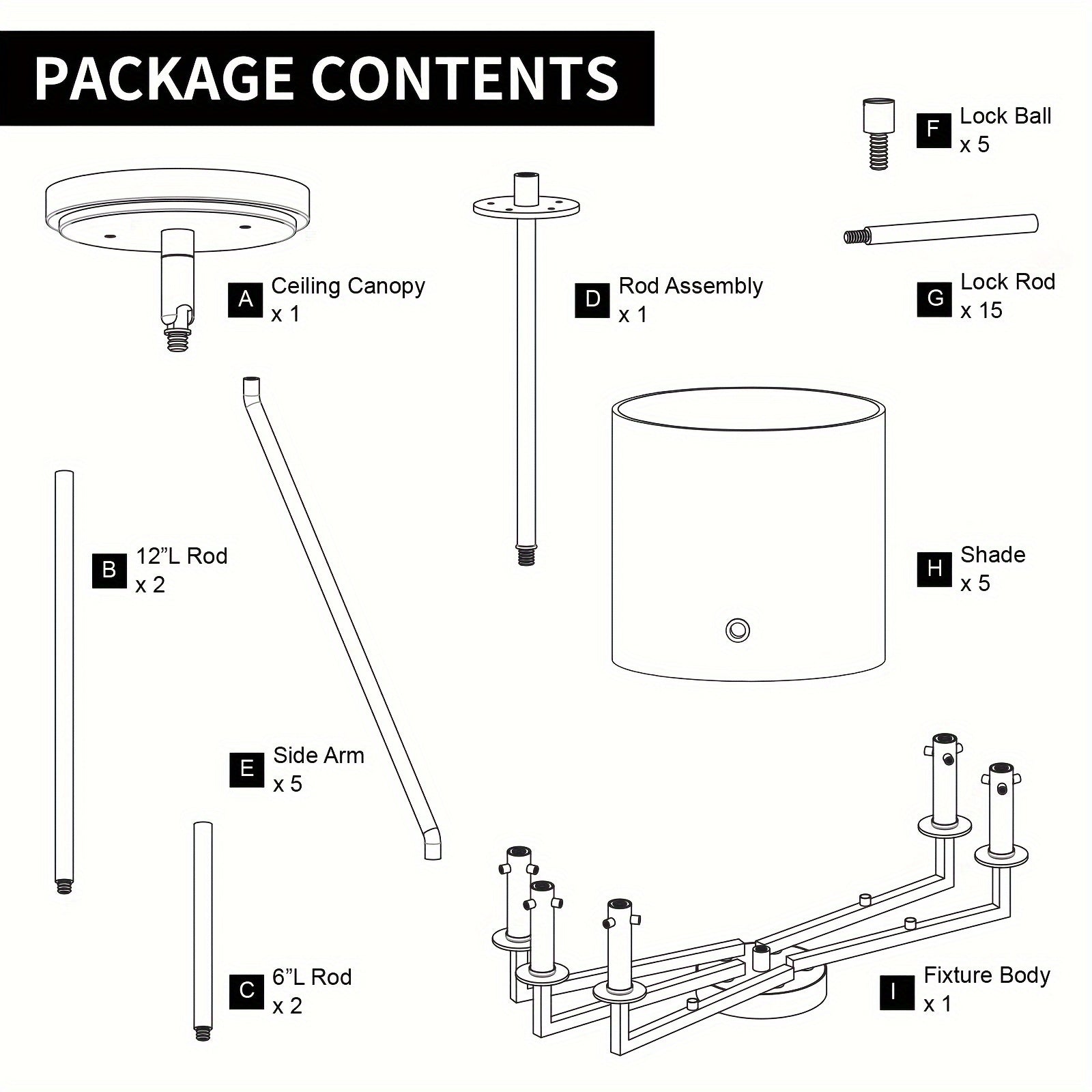 5-Light Minimalist Pendant Light - Black Metal & Glass Shade, E12 Bulb Compatible, Height Adjustable - Ideal for Kitchen Island, Bedroom, Dining & Living Room