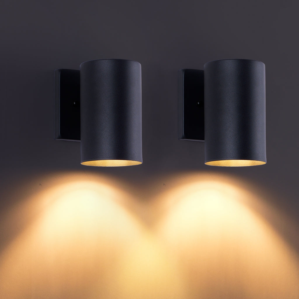 2 Pack Black Cylinder Downlight Wall Sconce, Aluminum Hardwired Wall Mount Light Fixture, Modern Single Direction Outdoor Wall Lamp