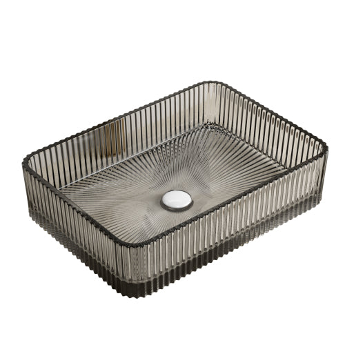 Rectangular Glass Vessel Sink 17.91x13 Inch, Smoked Gray Ribbed Bathroom Vanity Bowl, Above Counter Glass Sink Basin