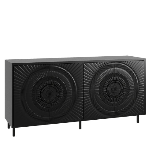 AEELLEEA Modern Black Sideboard Buffet Cabinet with 4 Doors, 3D Circular Pattern Storage Cabinet with Metal Legs for Dining Room