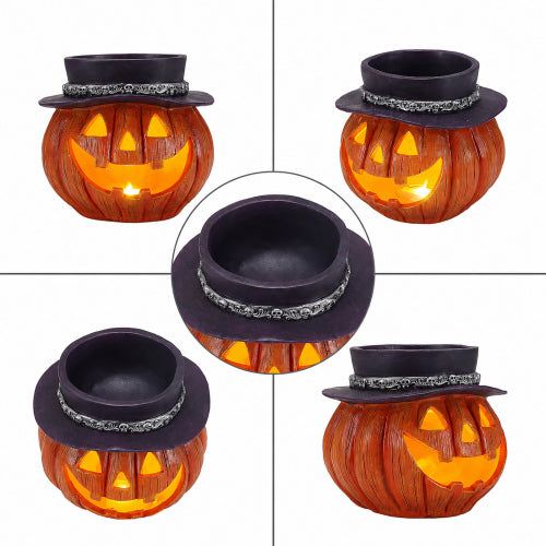 AEELLEEA 8.27"x 8.27" x 7.48" Lighted Halloween Pumpkin Candy Bowl, LED Jack O Lantern with Top Hat Treat Bucket for Party Decor