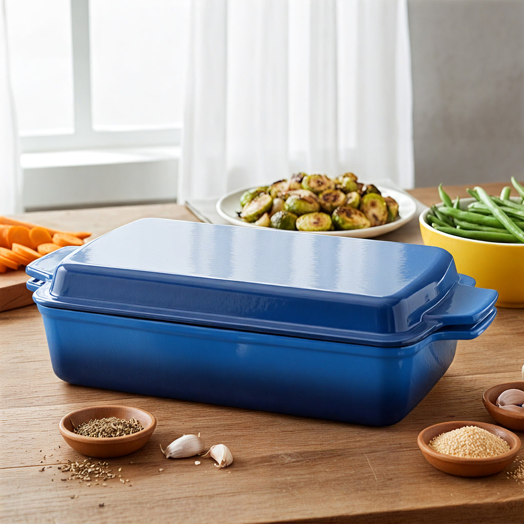 Enameled Cast Iron Rectangular Casserole Dish with Lid, Red & Blue Available, Heavy-Duty Bakeware for Braising, Roasting & Baking