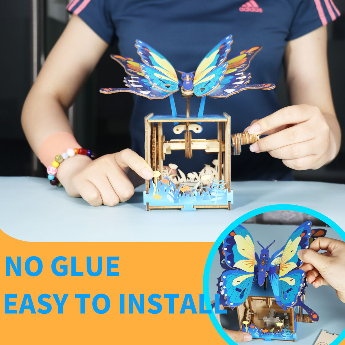 Wooden Butterfly Music Box 3D Puzzle, Hand Crank DIY Assembly Mechanical Music Kit, Gift for Teens 14+