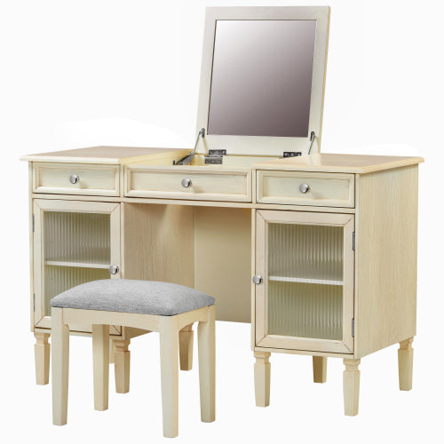 AEELLEEA Vanity Desk with Flip-Top Mirror, Storage Drawers, Side Cabinets and Stool, 46.3-Inch Makeup Desk, Cream