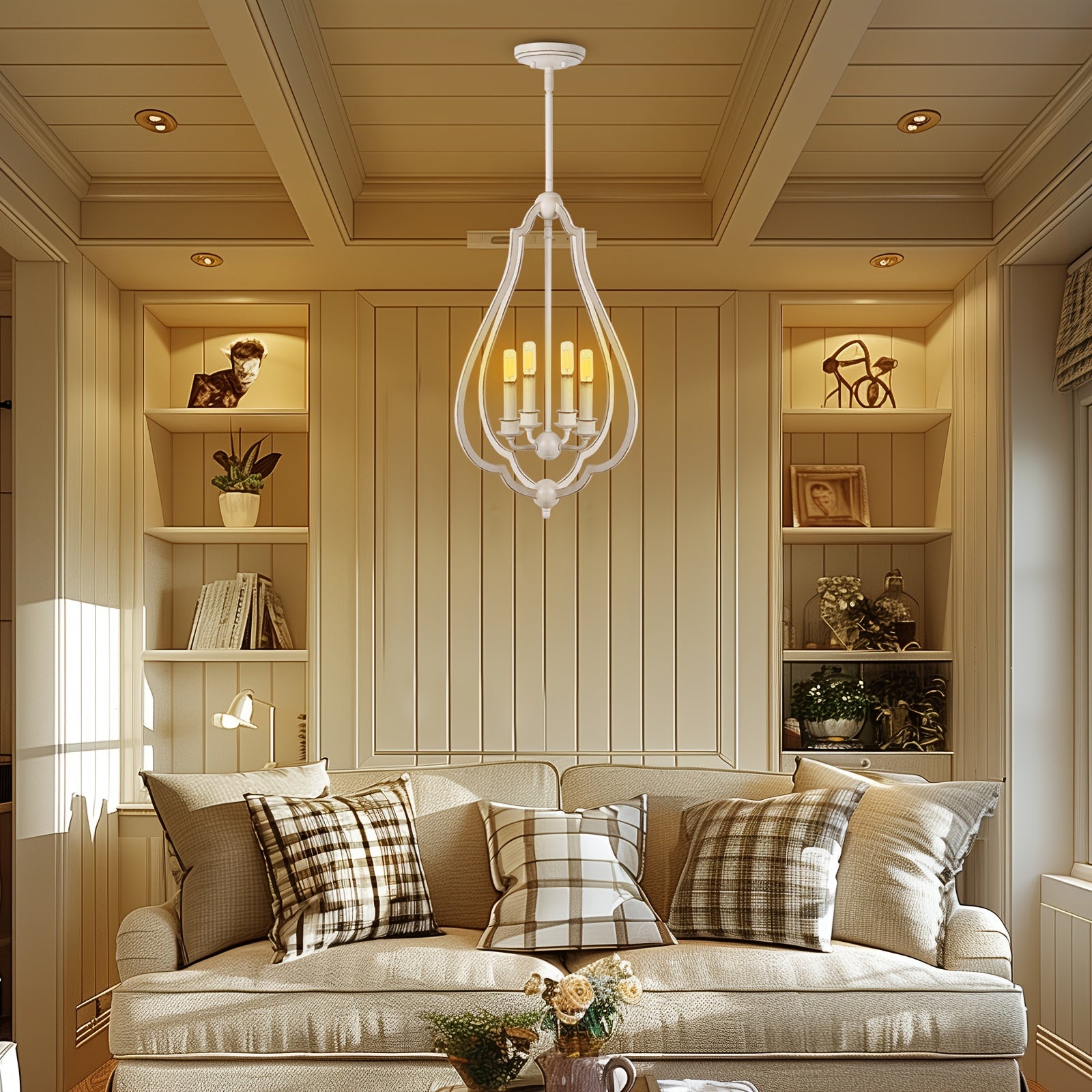 4-Light White Bud-Shaped Pendant Light - Vintage Metal French Country Style - Ideal for Kitchen Island, Farmhouse, Dining Room, Living Room, Bedroom & Foyer (Bulbs Not Included)