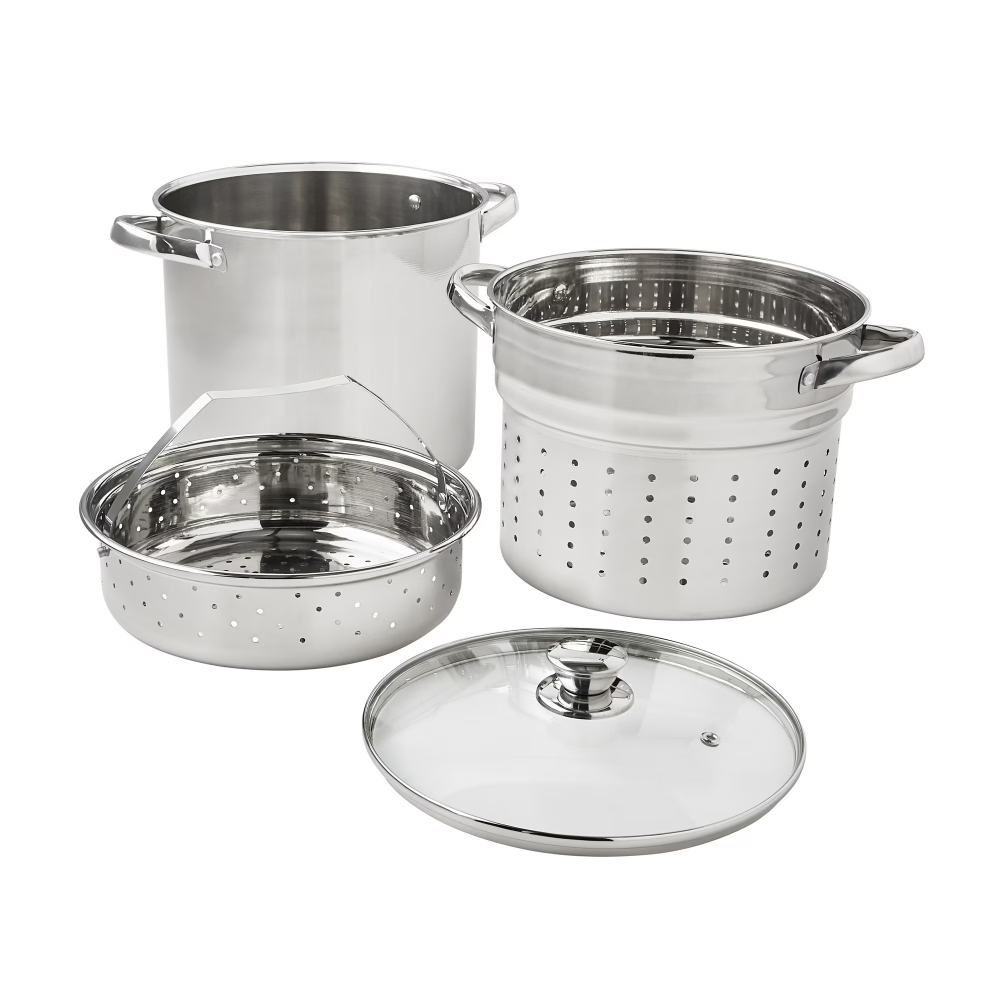 4-Piece Stainless Steel Stock Pot Set with Steamer Basket & Glass Lid, Large Capacity Pasta Pot with Stay Cool Handles for Home Cooking