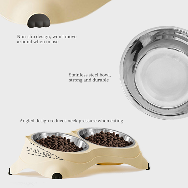 15° Tilted Double Stainless Steel Pet Bowls for Cats & Small Dogs, Non-Slip Food & Water Feeder - Beige