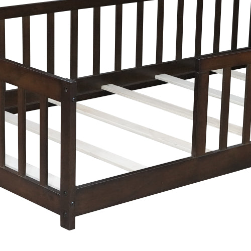 AEELLEEA Twin Size Montessori Floor Bed with Guardrails, Wooden Kids Bed Frame with Slats and Low Entry, Dark Brown