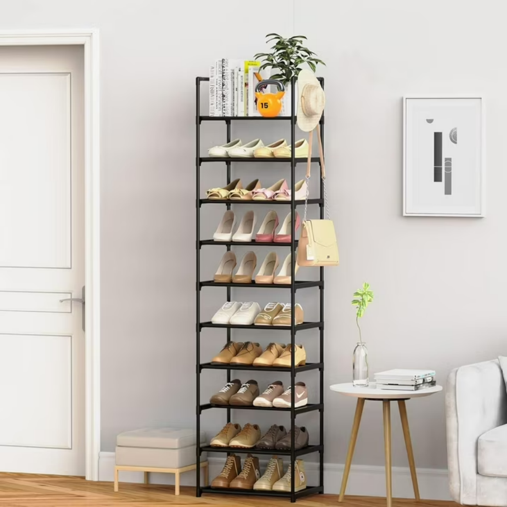 AEELLEEA 10 Tier Metal Shoe Rack, Stackable Space-Saving Shoe Organizer with Side Hooks, Heavy Duty Reinforced Steel Shoe Shelf, Freestanding Shoe Storage for Entryway, Closet, Hallway for Shoes & Boots