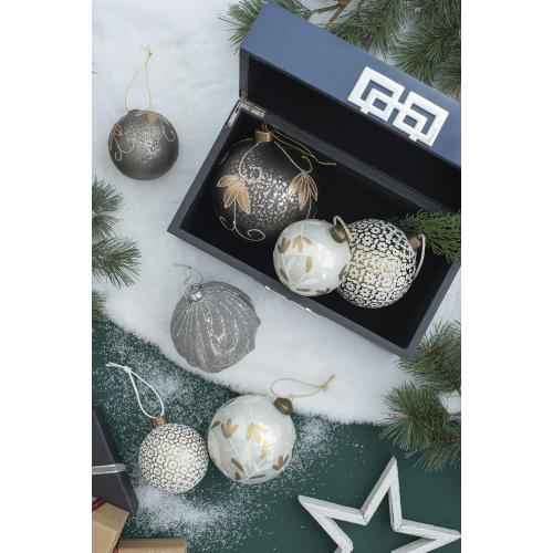 AEELLEEA 3.9" Grey Flocked Wave Glass Christmas Ornaments Set of 6, Silver Glitter Hanging Baubles for Xmas Tree Holiday Decor