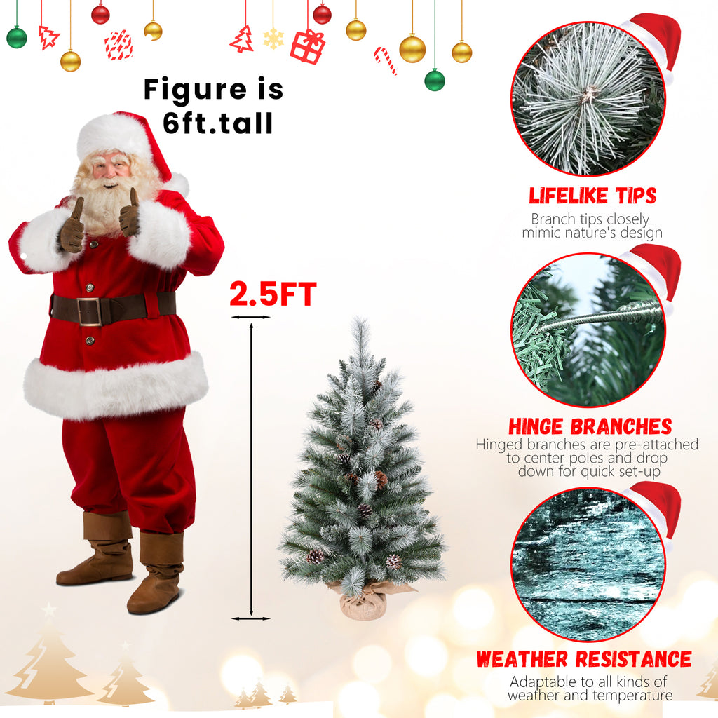 2.5ft Small Flocked Artificial Christmas Tree with Pinecones & Burlap Base, Tabletop Mini Christmas Tree for Home Holiday Decor