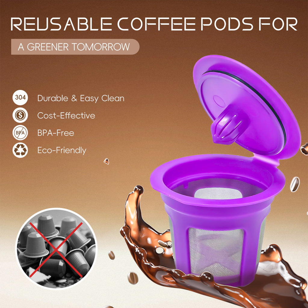AEELLEEA 4 Pack Reusable Refillable Coffee Pods, Stainless Steel Mesh Filters with Scoop Brush & Box for 1-Prong Coffee Makers