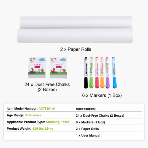 32 PCS Kids Art Easel Accessory Set, Includes Chalks, Dry-Erase Markers & Paper Rolls for Standing Easel, Toddler Painting Supplies.